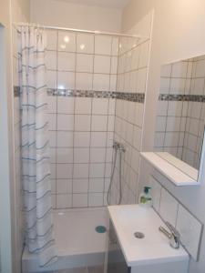a white bathroom with a sink and a shower at Studio + petite terrasse avec vue in Sorbier