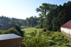 uma vista para o jardim a partir da casa em Apartmán Nad potokem em Český Rudolec