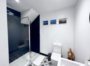 a bathroom with a glass shower and a toilet at Orchard Lodge -Coastal Retreat, new build, village views, private garden and terrace in Saint Brides Major