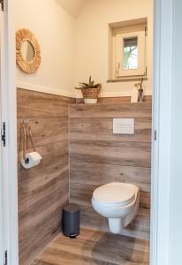 een badkamer met een toilet en een spiegel bij 't Tuinhoes in Reuver