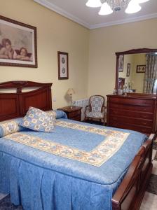 1 dormitorio con 1 cama grande y colcha azul en Apartamento Turístico Antigua Universidad Almagro, en Almagro