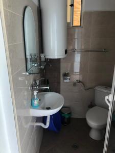 een badkamer met een wastafel, een toilet en een spiegel bij Къща за гости “Family” in Varshets