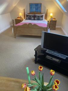 a bedroom with a bed and a flat screen tv at The Hayloft B and B in Newbury