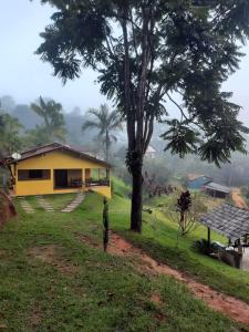 une maison jaune sur une colline avec un arbre dans l'établissement Espaço inteiro: Casa de campo nas montanhas, à Domingos Martins