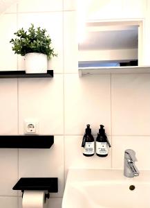 a bathroom with a sink and two bottles of soap at Suite Living Boardinghouse Apartments in Gießen