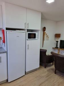 a kitchen with a white refrigerator and a microwave at Casa da Andorinha in Pardieiros