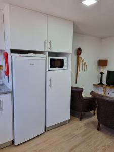 a kitchen with a white refrigerator and a microwave at Casa da Andorinha in Pardieiros +9 photos