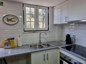 a kitchen counter with a sink and a window at Casa da Andorinha in Pardieiros