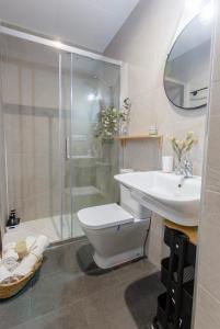 een badkamer met een toilet, een wastafel en een douche bij Pitusa Home in Cádiz