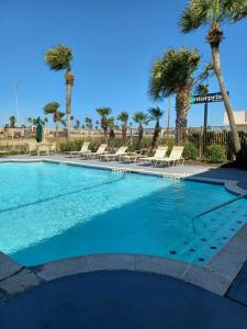 a swimming pool with chairs and palm trees at Hotel Palm Bliss Corpus Christi South in Corpus Christi