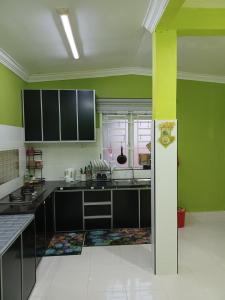 a kitchen with green walls and black counter tops at Homestay Dalia, Beseri, Perlis in Kangar