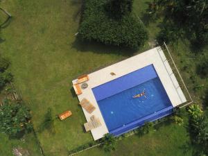 an overhead view of a large swimming pool with a person in the water at Tukawa Hotel in Filandia