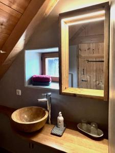 a bathroom with a sink and a mirror at Zuhäusl am Chiemsee Appartements in Breitbrunn am Chiemsee +63 photos