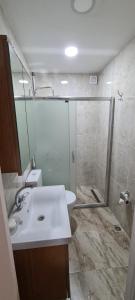 ein Bad mit einer Dusche, einem Waschbecken und einem WC in der Unterkunft Golden Tulip Suite Apart in Istanbul