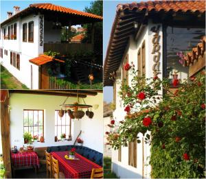 two pictures of a house with a table and flowers at Chardaka Guest House in Kalofer