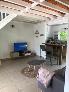 un soggiorno con divano, TV e tavolo di Villa Fleur de Lys a Sainte-Anne