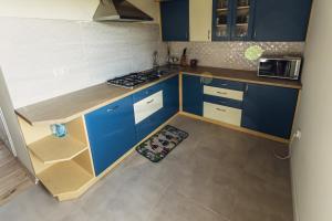 a small kitchen with blue cabinets and a sink at Klimkowskie Zacisze - domek całoroczny in Klimkówka