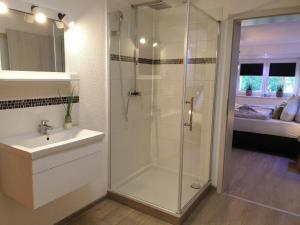 a bathroom with a glass shower and a sink at Eifel-Dream-Krausbuche in Fleringen +3 photos