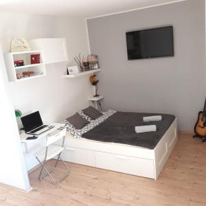 Schlafzimmer mit einem Bett, einem Schreibtisch und einem Laptop in der Unterkunft Studio Apartman ''Nicole'' in Pula