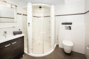a bathroom with a shower and a toilet and a sink at Villa am First in Oberstdorf +17 photos