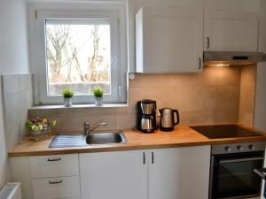 una cucina con armadi bianchi, lavandino e finestra di Ferienwohnung auf Gut Börtewitz a Leisnig