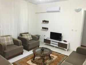 a living room with couches and a tv at Kapukargın apart villa in Dalaman