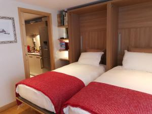 ル・ブール・ドアザンにあるChalet la Cachette Cyclists & Skiersのベッド2台が隣同士に設置された部屋です。