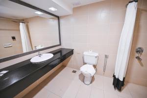 a bathroom with a toilet and a sink and a mirror at PRIME CITY HOTEL KLUANG in Kluang