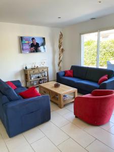 een woonkamer met twee blauwe banken en een tafel bij Villa de 3 chambres avec piscine privee jacuzzi et jardin clos a Porto Vecchio in Porto-Vecchio