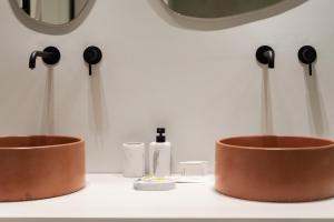 twee bloempotten op een aanrecht in een badkamer bij Acropolis White Key Residence in Athene