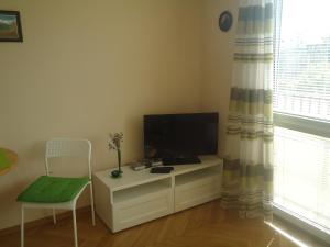 a living room with a tv and a chair at Studio Green in Warsaw