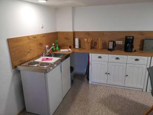 a small kitchen with white cabinets and a sink at Ferienwohnung Alte Schmiede in Niepars