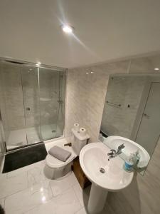 y baño con lavabo, aseo y ducha. en St Margaret's Ground Floor and Lower Deck Apartment en Ryde