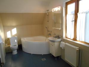 La salle de bains est pourvue d'une baignoire, d'un lavabo et de toilettes. dans l'établissement Casa Rudi & Ella, à Sălişte