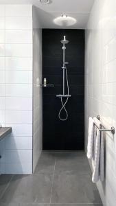 a bathroom with a shower with black and white tiles at B&B Achterhoeks Halle in Halle