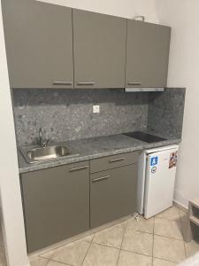 a kitchen with gray cabinets and a sink and a dishwasher at Villa Matina in Leptokarya