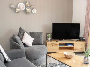 a living room with a couch and a television at 7 Parc Delfryn in Brynteg