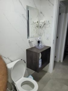 a bathroom with a toilet and a sink and a mirror at NOVO LAR GAROPABA 2 in Garopaba