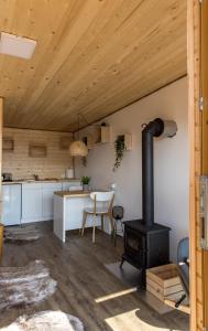 a kitchen and living room with a stove in a room at La Odai in Bran