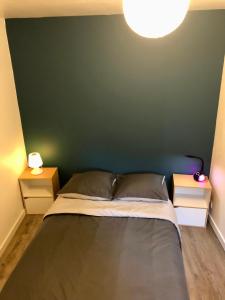 una camera verde con un letto e due comodini di Les ramades romanaises - Pas de TV a Saint-Roman-de-Malegarde