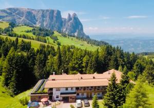 un edificio en una colina con una montaña en el fondo en Ferienparadies Sabina Lärche, en Alpe di Siusi