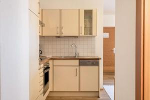 a kitchen with white cabinets and a sink at Ferienparadies Sabina Spitzbühl in Alpe di Siusi