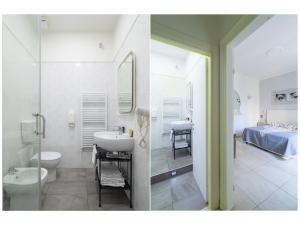 two images of a bathroom with a sink and a bedroom at Affittacamere Golfo Della Luna in La Spezia