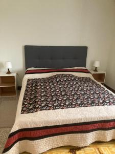a bed in a bedroom with two nightstands and two lamps at La maison de Jeannot in Aisy-sous-Thil