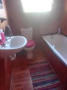 a bathroom with a sink and a toilet and a tub at Emerald Hill Cabin in Mount Pleasant