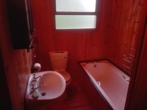 a bathroom with a tub and a toilet and a sink at Emerald Hill Cabin in Mount Pleasant +23 photos
