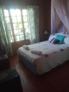 Schlafzimmer mit einem großen weißen Bett und einem Fenster in der Unterkunft Emerald Hill Cabin in Mount Pleasant