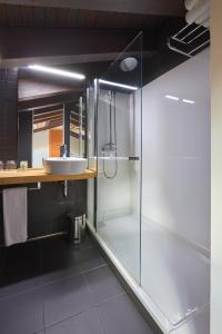 a bathroom with a glass shower and a sink at María Pacheco Hotel Boutique in Ávila