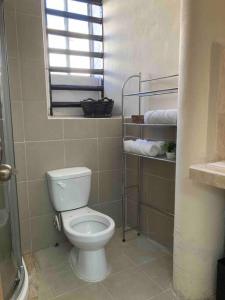 La salle de bains est pourvue de toilettes, d'une fenêtre et de serviettes. dans l'établissement Casa Vera, à Campeche