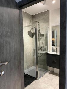 a bathroom with a shower and a sink at Apartament Wrzeszcz, Kamienice Kołłątaja in Gdańsk